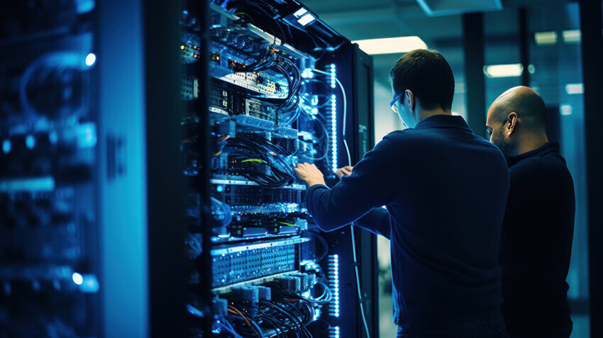 Two workers looking at wires in a data centre