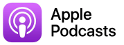 Apple Podcast logo - a purple box with rounded corners to the left, with an illustration of an 'i' and two circle outlines above it in white. Black 'Apple Podcasts' lettering to the right