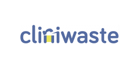 Cliniwaste company logo - dark blue lowercase lettering, with the 'n' looking like it is being opened as a waste bin and coloured yellow inside the letter