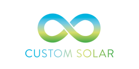 Custom Solar company logo - a blue and green horizontal infinity symbol, with blue lettering of 'Custom Solar' underneath