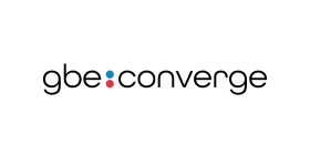 GBE Converge company logo - lowercase black lettering of 'gbe converge' with a blue and a red dot between 'gbe' and 'converge'