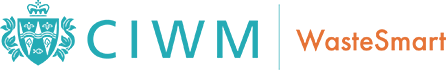 CIWM WasteSmart logo - A teal coloured crest on the left-hand side, with 'CIWM' lettering also in teal. 'WasteSmart' lettering is the to the right, coloured in orange