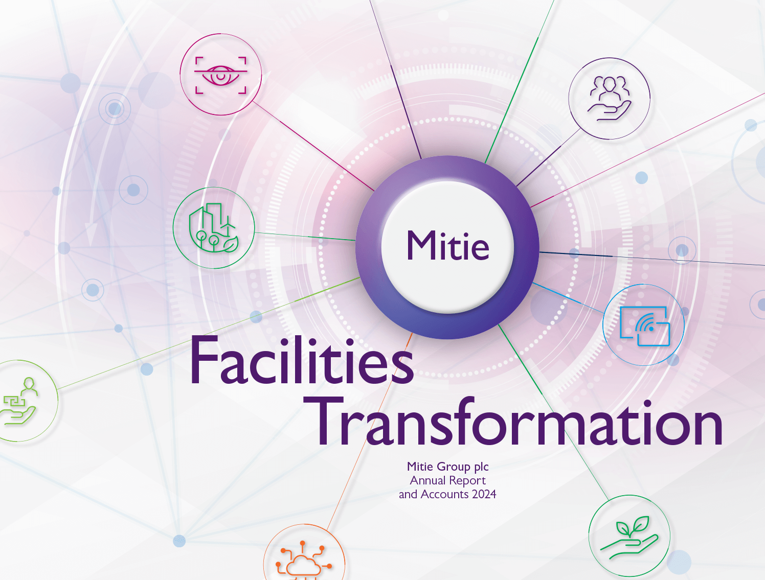 Banner image for Mitie Annual Report 2024 - purple illustration of a mind map. 'Mitie' and 'Facilities Transformation' in purple text