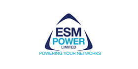 ESM Power company logo - a triangle with dark blue corners and 'ESM Power Limited' in dark and light blue lettering. 'Powering your networks' is in light blue lettering underneath