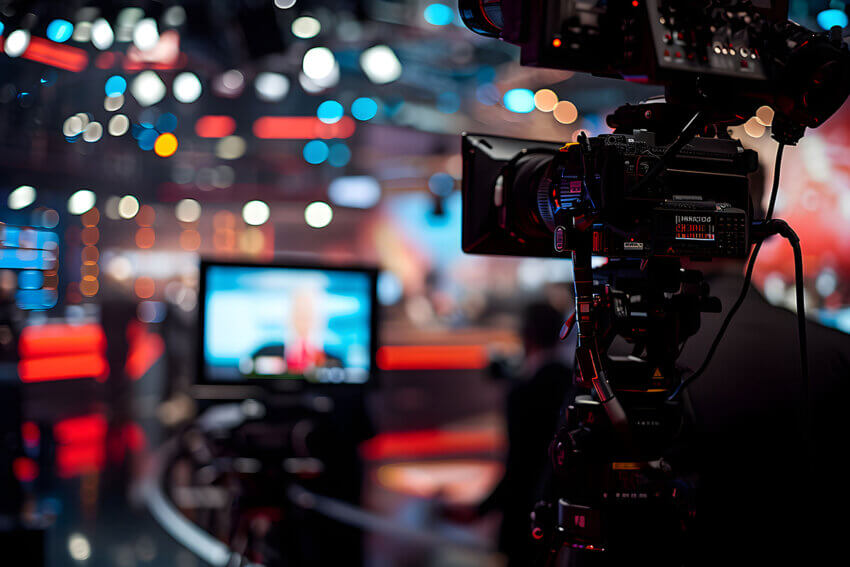 Close up of a television camera recording in a studio