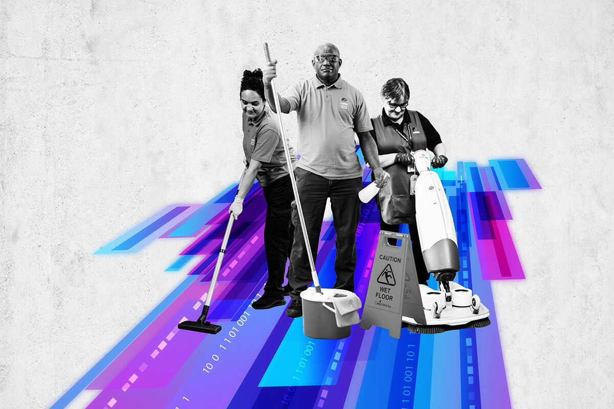 Three Mitie colleagues in black and white using various cleaning machinery, with stripes of purple, blue and magenta underneath them