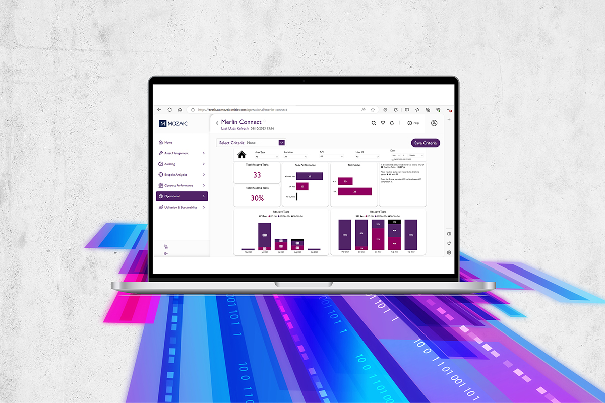 A laptop screen showing a Merlin Connect dashboard with bar charts and numbers, with stripes of purple, blue and magenta underneath them