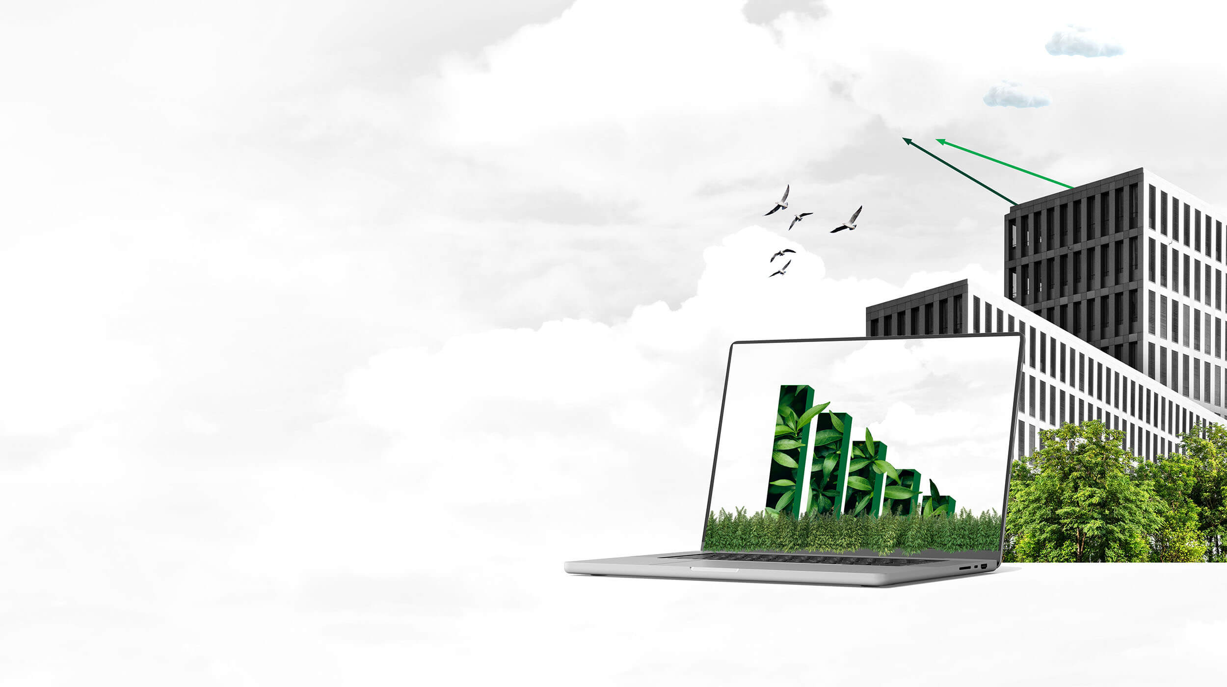 An illustration of a laptop showing green graphs on screen, an office block with green arrows and trees