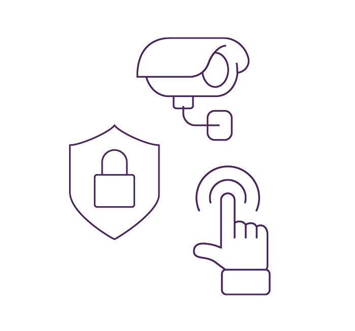 Purple illustration outline of a security camera, shield and a finger touching something