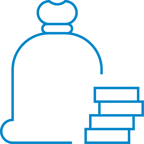 Blue illustration outline of a money bag and a stack of coins