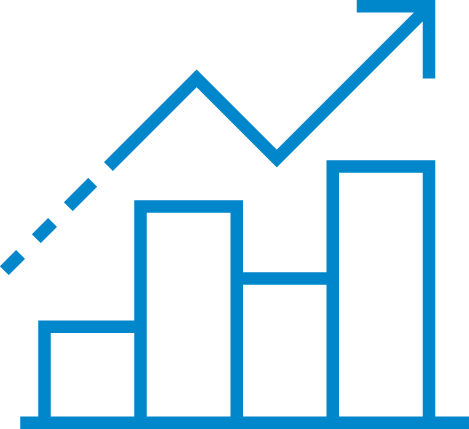 Blue illustration outline of a bar chart and an upward arrow