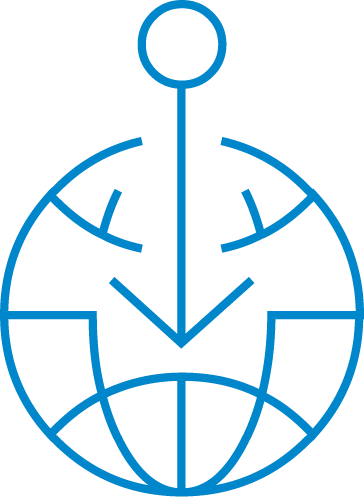 Blue illustration outline of a globe with a downward arrow