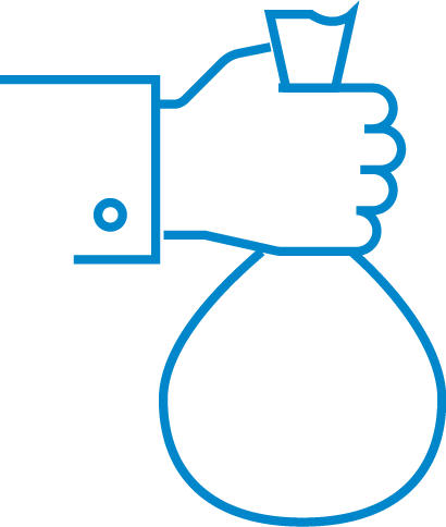 Blue illustration outline of a hand holding a money bag