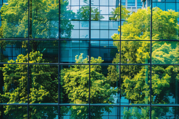 Green trees reflected in a glass office building