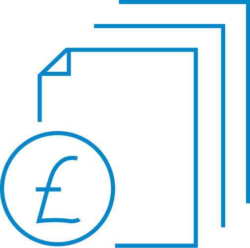 Blue illustration outline of a stack of papers with a sterling symbol